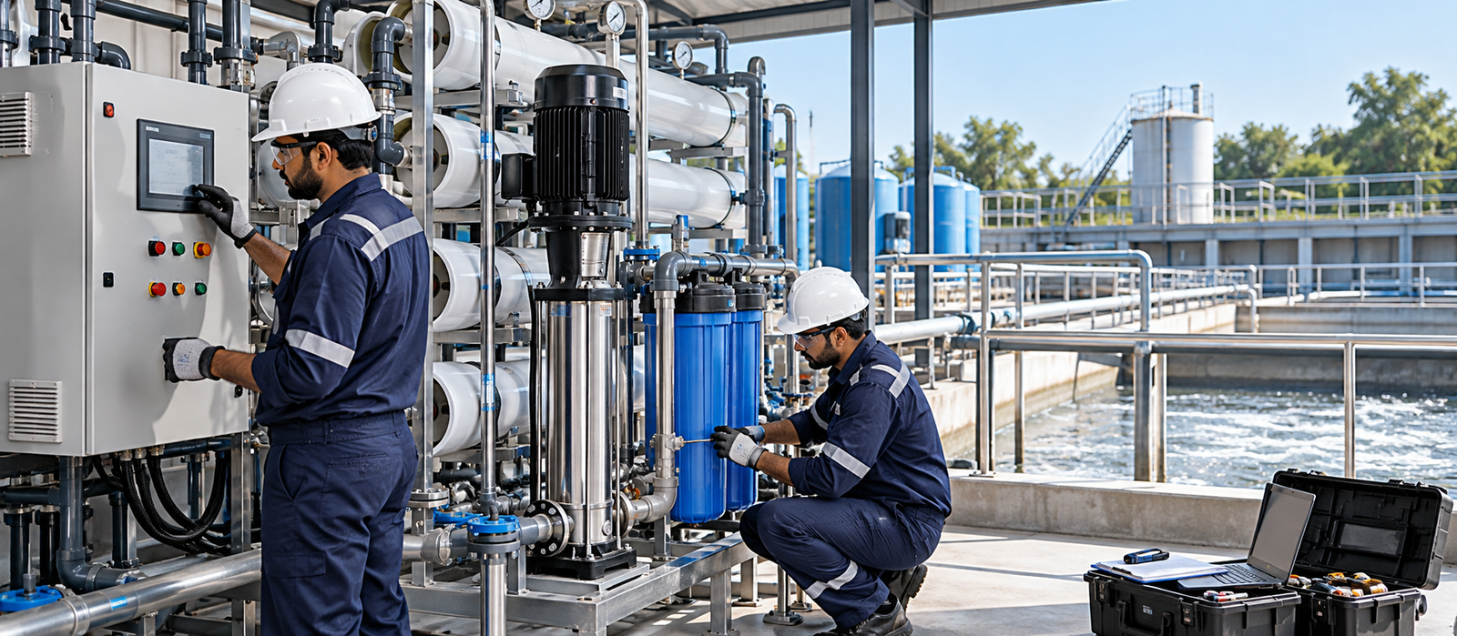 Operators running and servicing an RO plant control panel