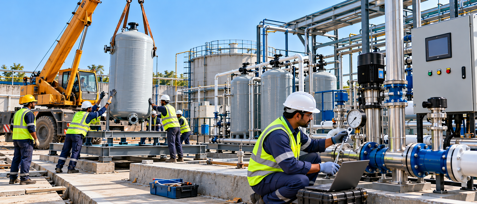 Crane placing a pressure vessel while an engineer commissions the skid