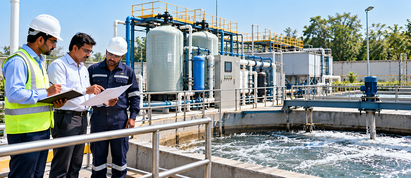 Engineers reviewing compliance documents beside an aeration tank